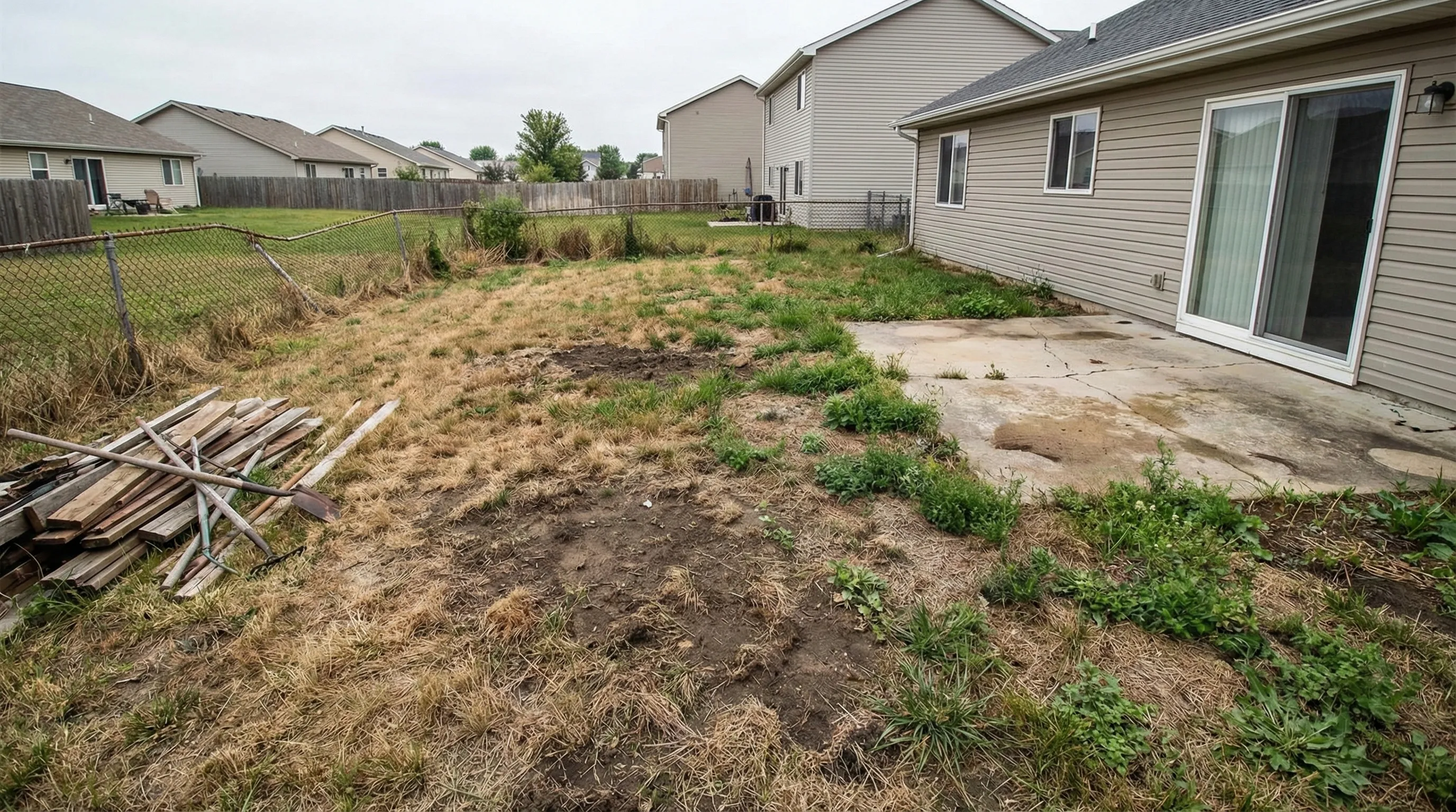 Residential backyard before artificial turf installation