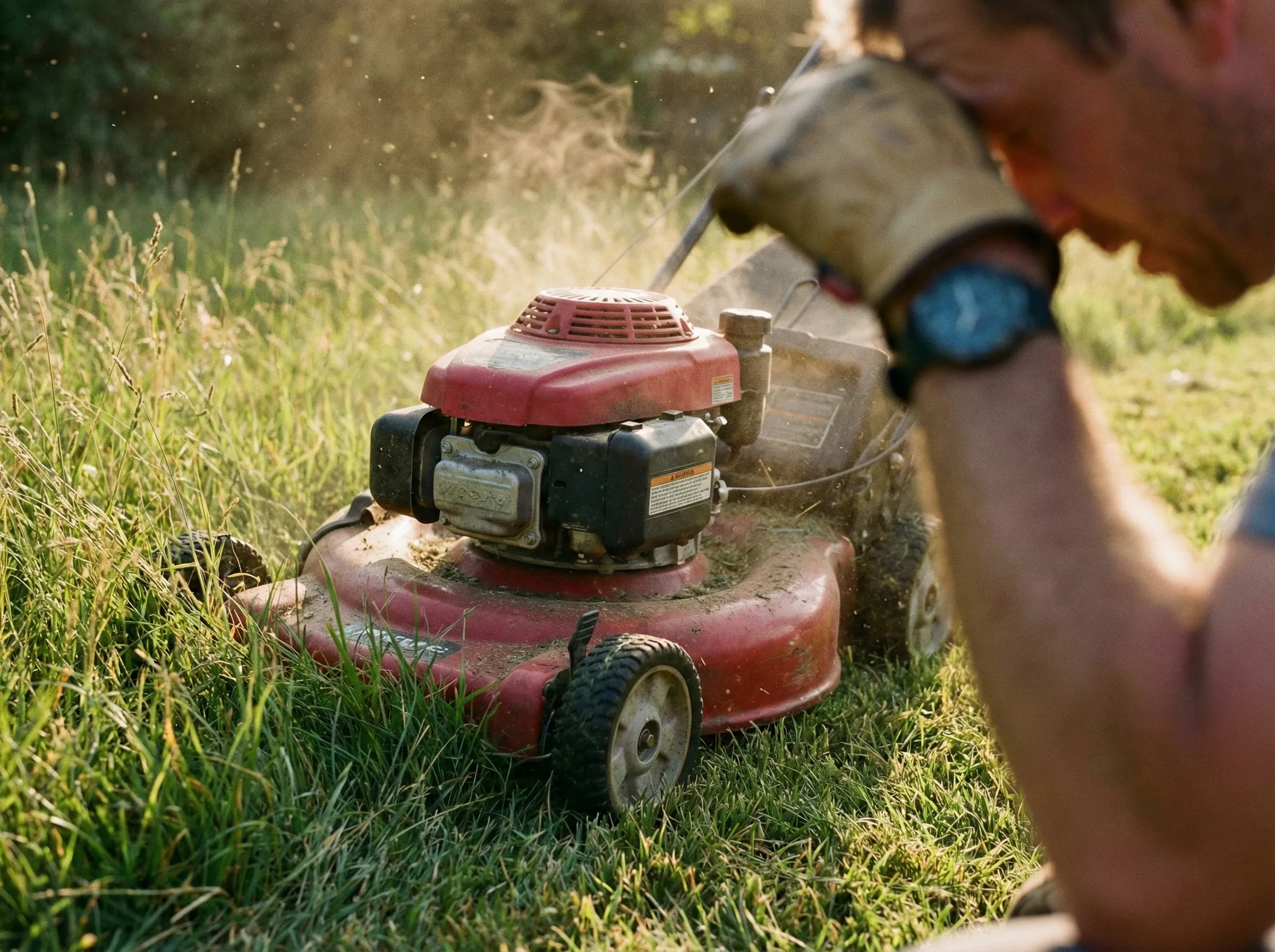Person struggle to mow overgrown grass
