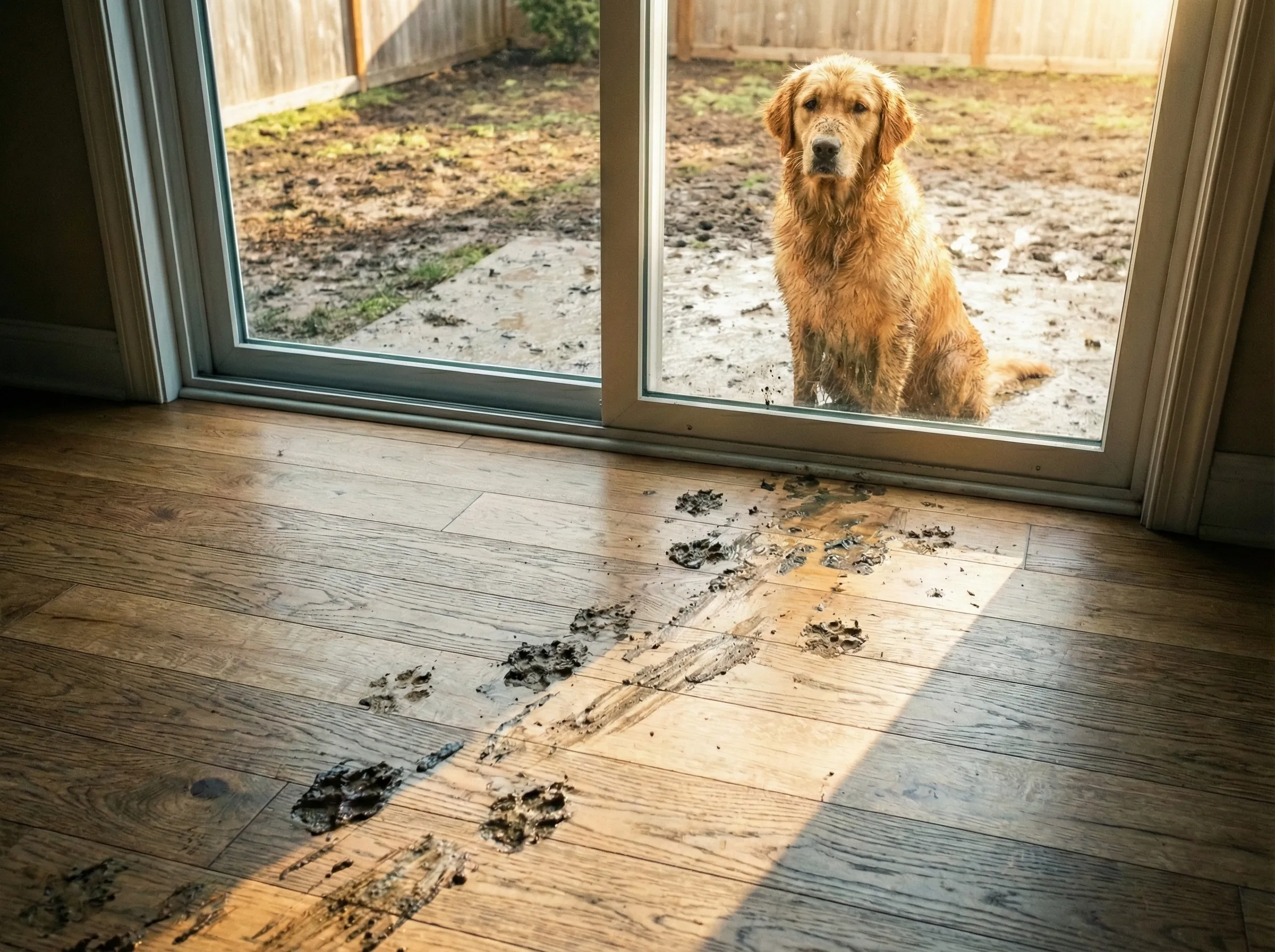 Muddy backyard with dog prints on floor