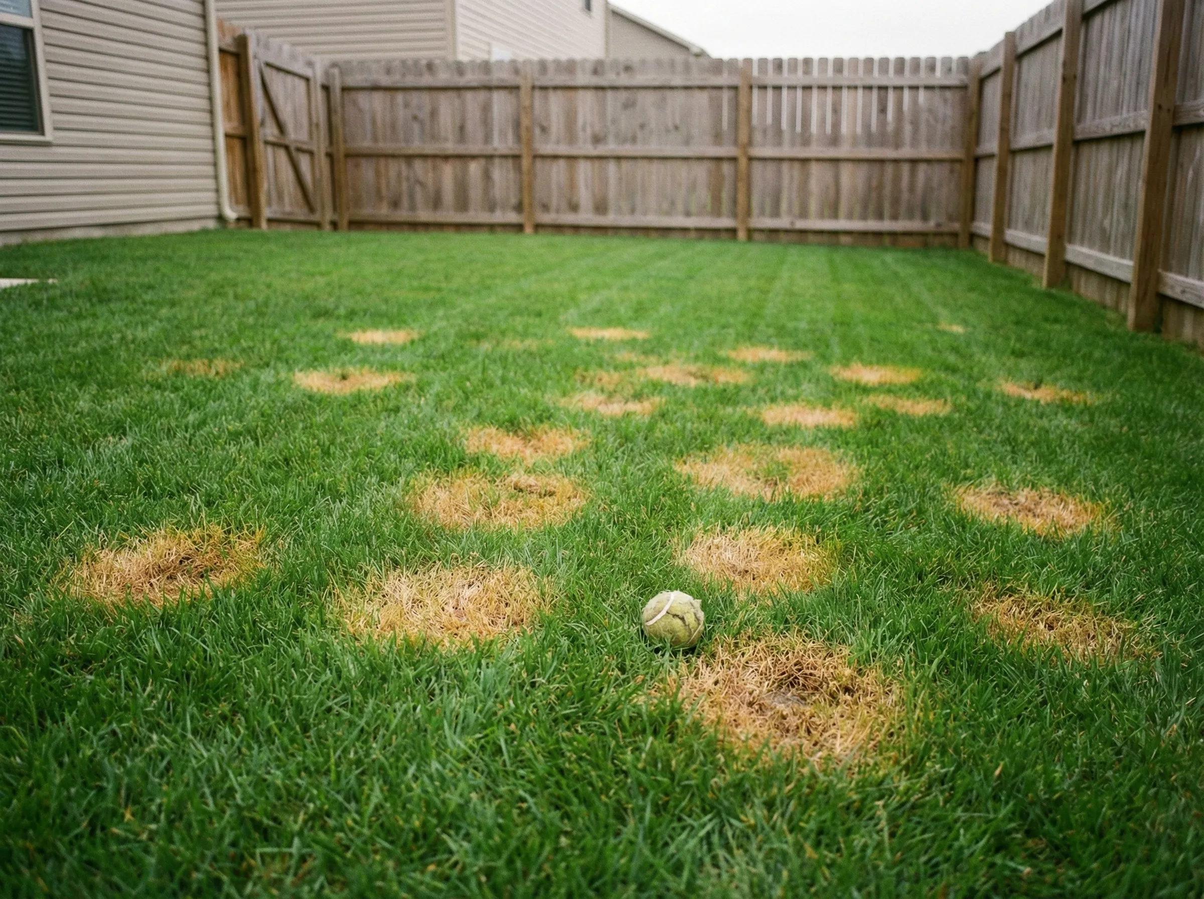 Yellow dog urine spots on natural lawn